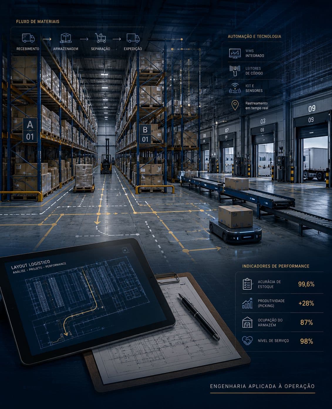 Diagrama da operação logística da Barba Log: fluxo de materiais, automação e tecnologia e indicadores de performance do armazém.